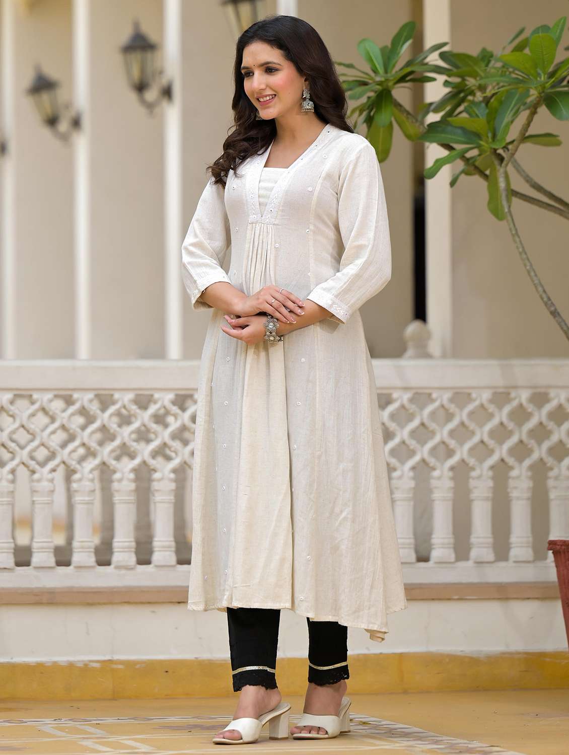 women embroidered three quarter sleeves a-line kurta - 21606781 - Standard Image - 2