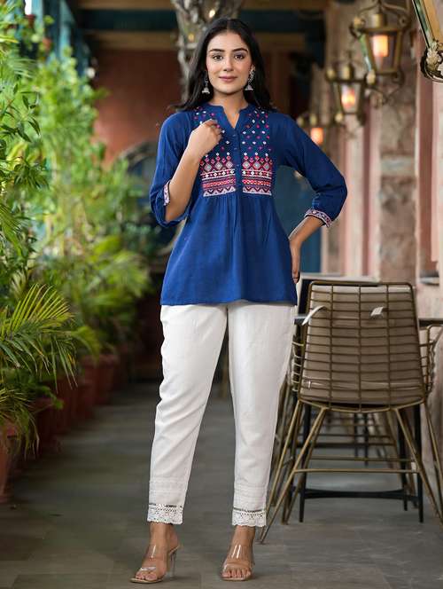 women embroidered three quarter sleeves a-line kurti - 21606782 -  Standard Image - 0