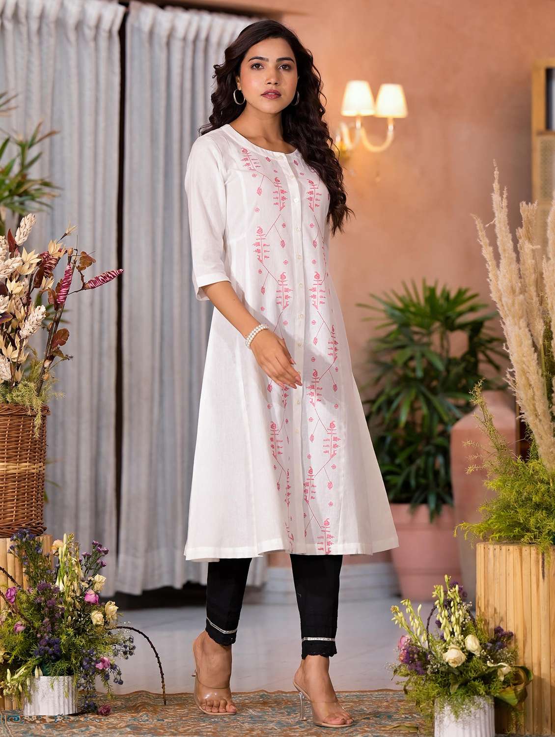 women printed three quarter sleeves a-line kurta - 21606786 -  Standard Image - 2