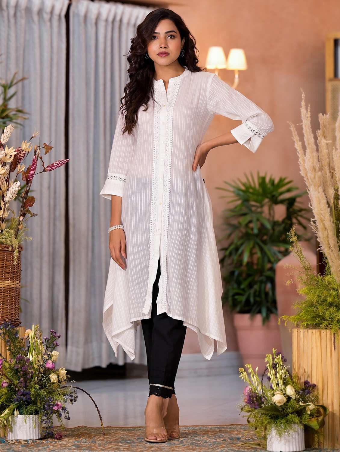 women striped three quarter sleeves asymmetric kurta
