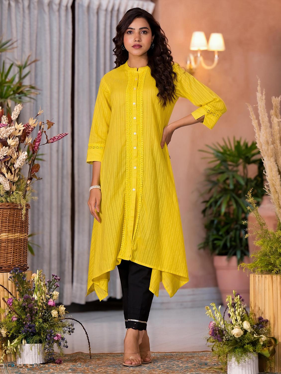 women striped three quarter sleeves asymmetric kurta - 21606791 - Zoom Image - 0