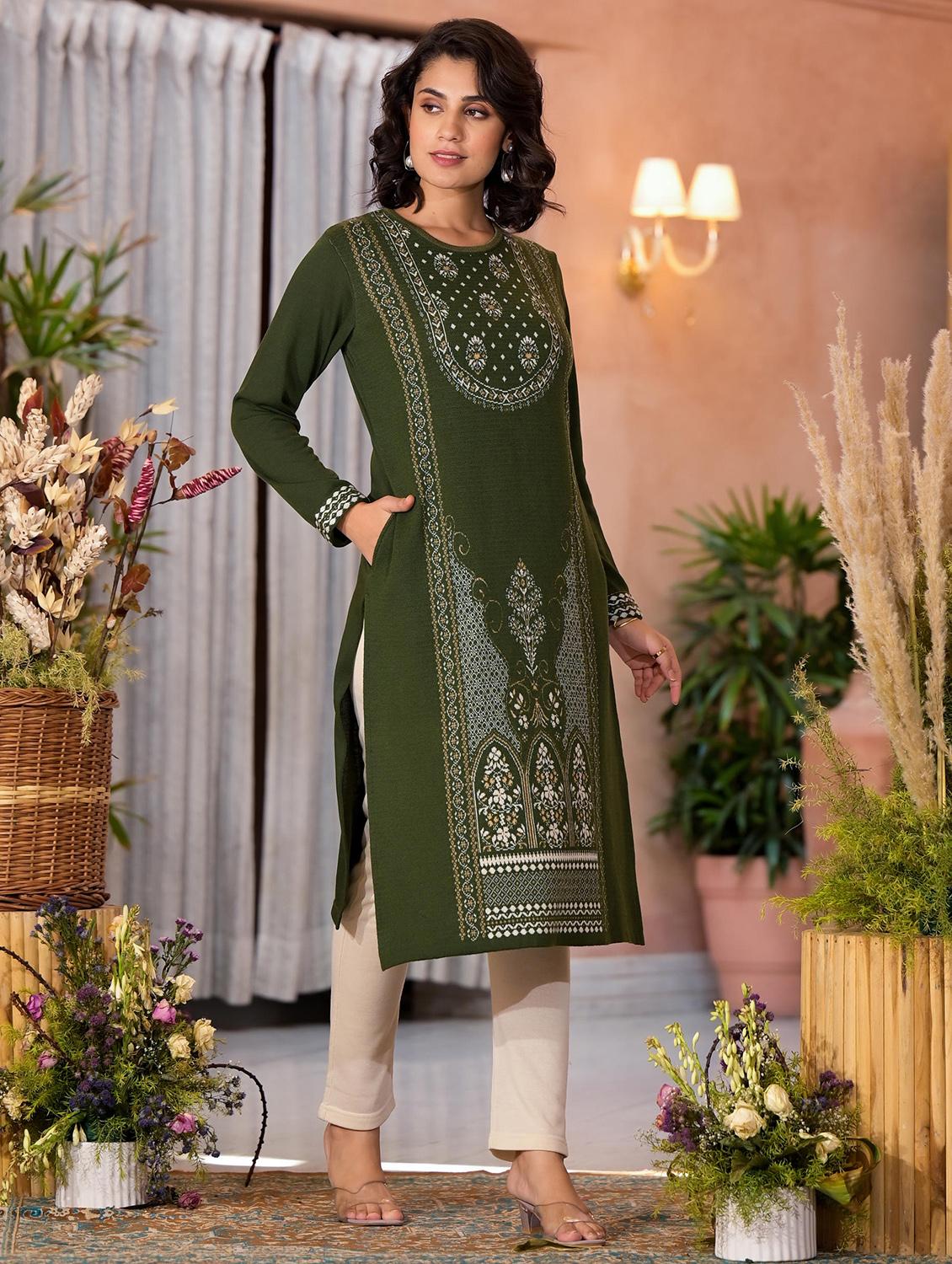 women self design long sleeves straight kurta - 21606795 - Standard Image - 2