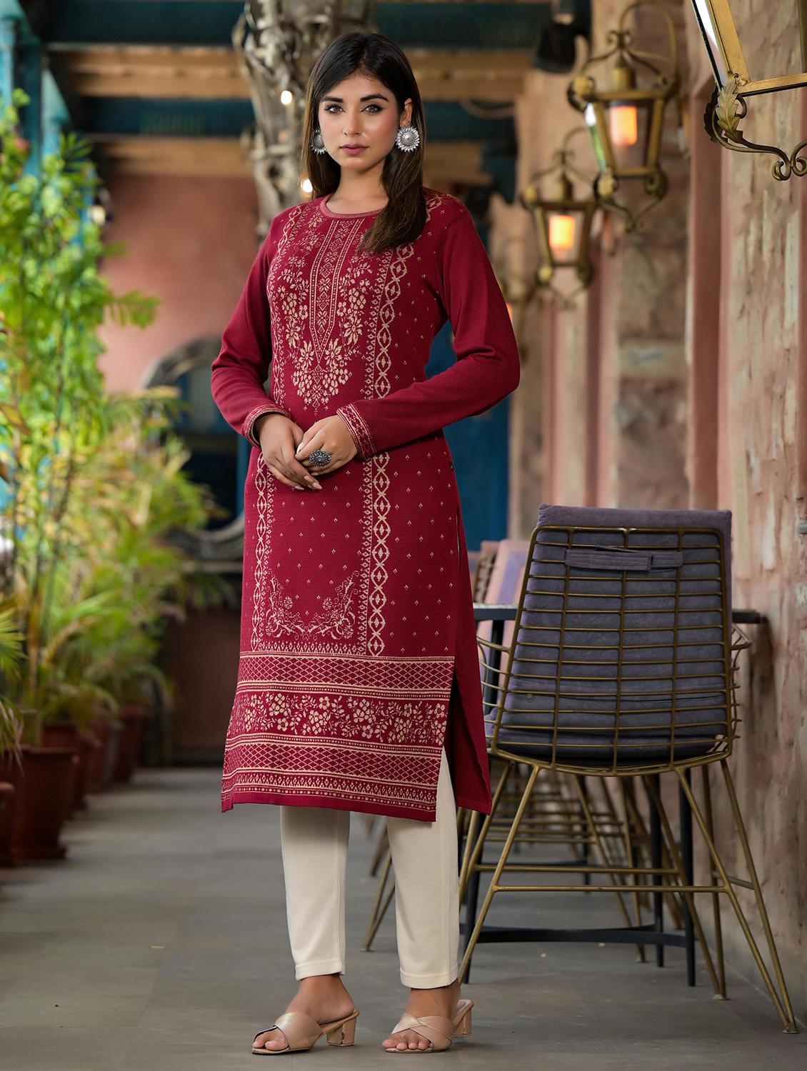 women self design long sleeves straight kurta - 21606796 - Standard Image - 2