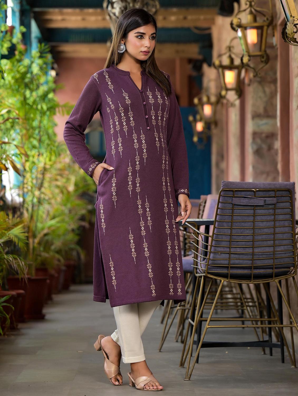 women self design long sleeves straight kurta - 21606799 - Standard Image - 2