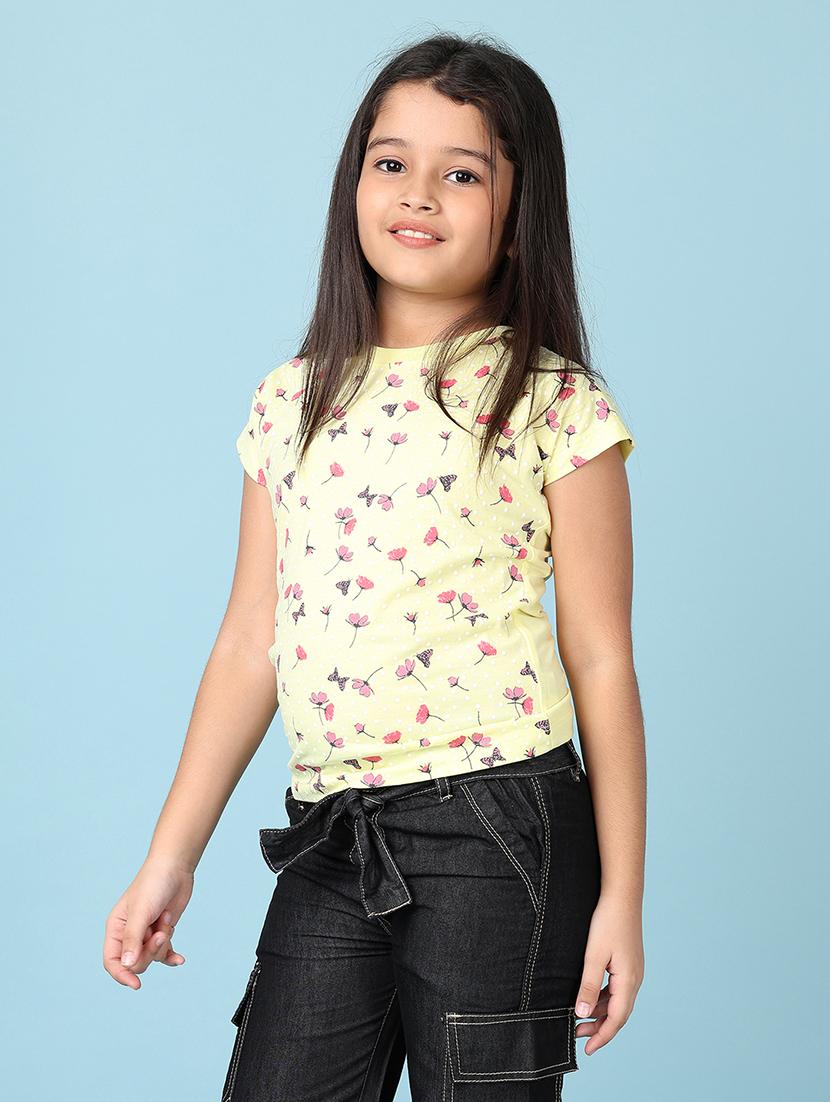 girls yellow foral printed round neck tee - 21607046 - Standard Image - 2