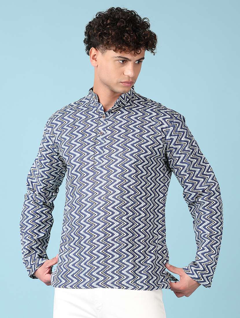 men mandarin neck printed short kurta