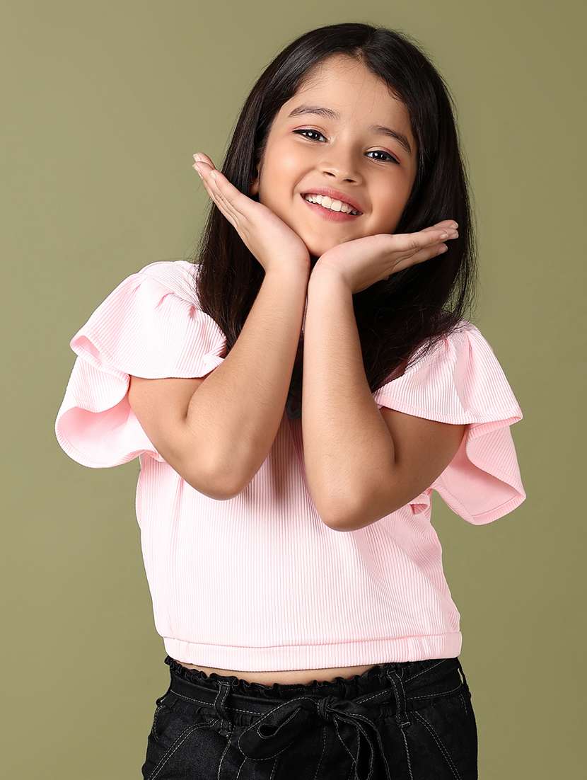 girls pink solid with work crop top