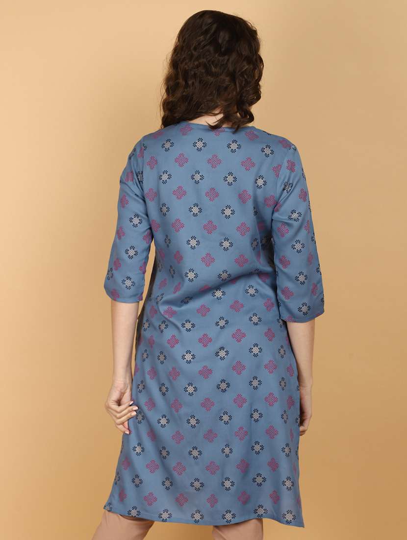 women foil printed three quarter sleeve straight kurta - 21608077 -  Standard Image - 2