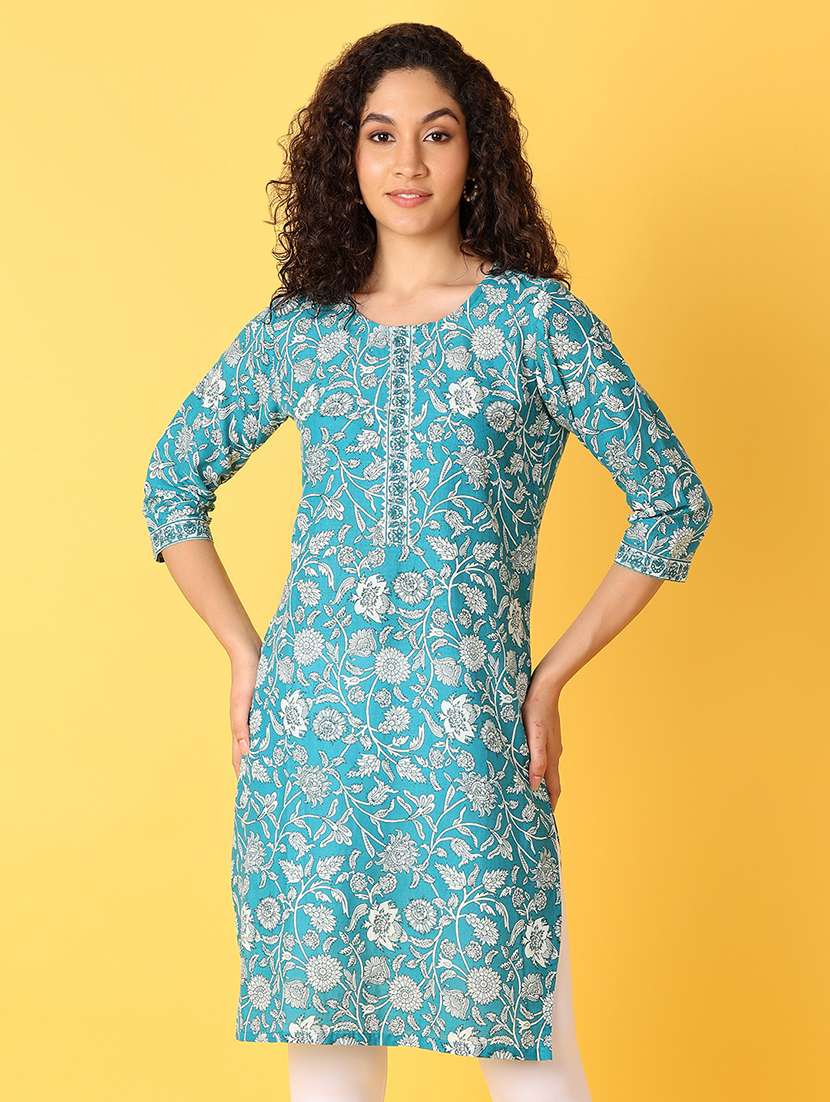women floral printed three quarter sleeve straight kurta
