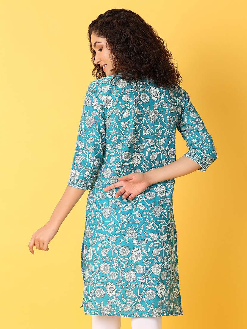 women floral printed three quarter sleeve straight kurta - 21608236 -  Standard Image - 2