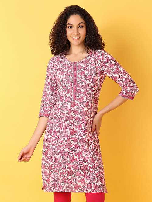 women floral printed three quarter sleeve straight kurta - 21608238 -  Standard Image - 0