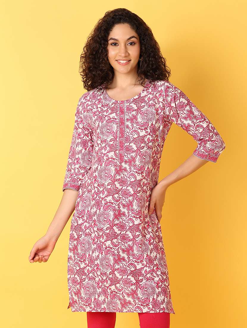 women floral printed three quarter sleeve straight kurta