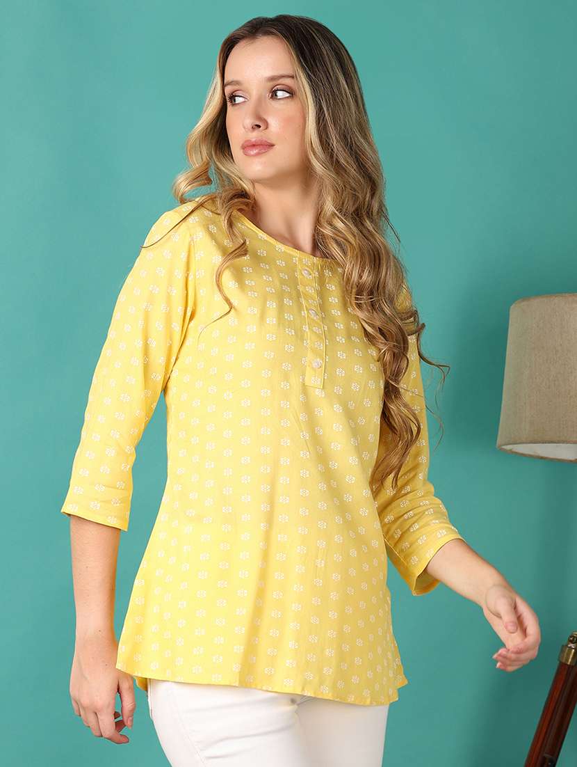 women yellow printed round neck straight kurti - 21608375 -  Standard Image - 2