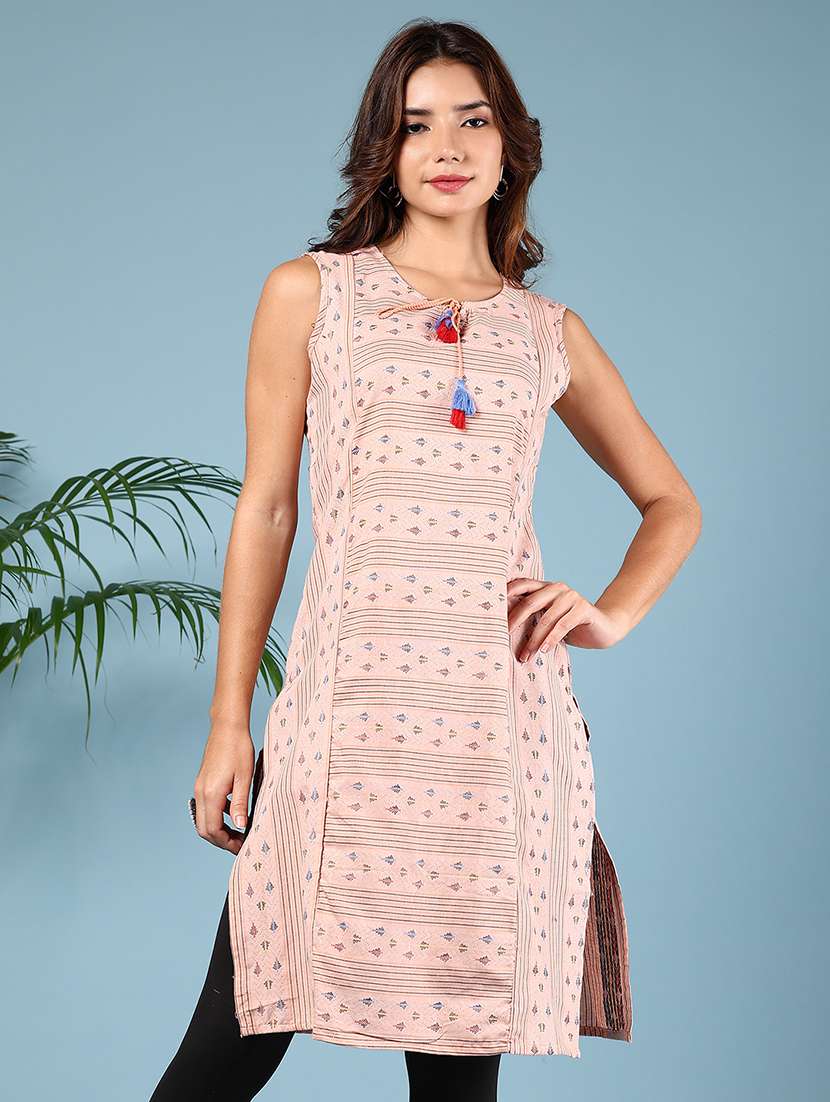 women printed tie-up neck straight kurta - 21608755 - Zoom Image - 0