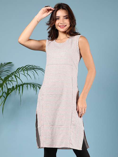 women striped round neck sleeveless straight kurta - 21608757 - Standard Image - 0