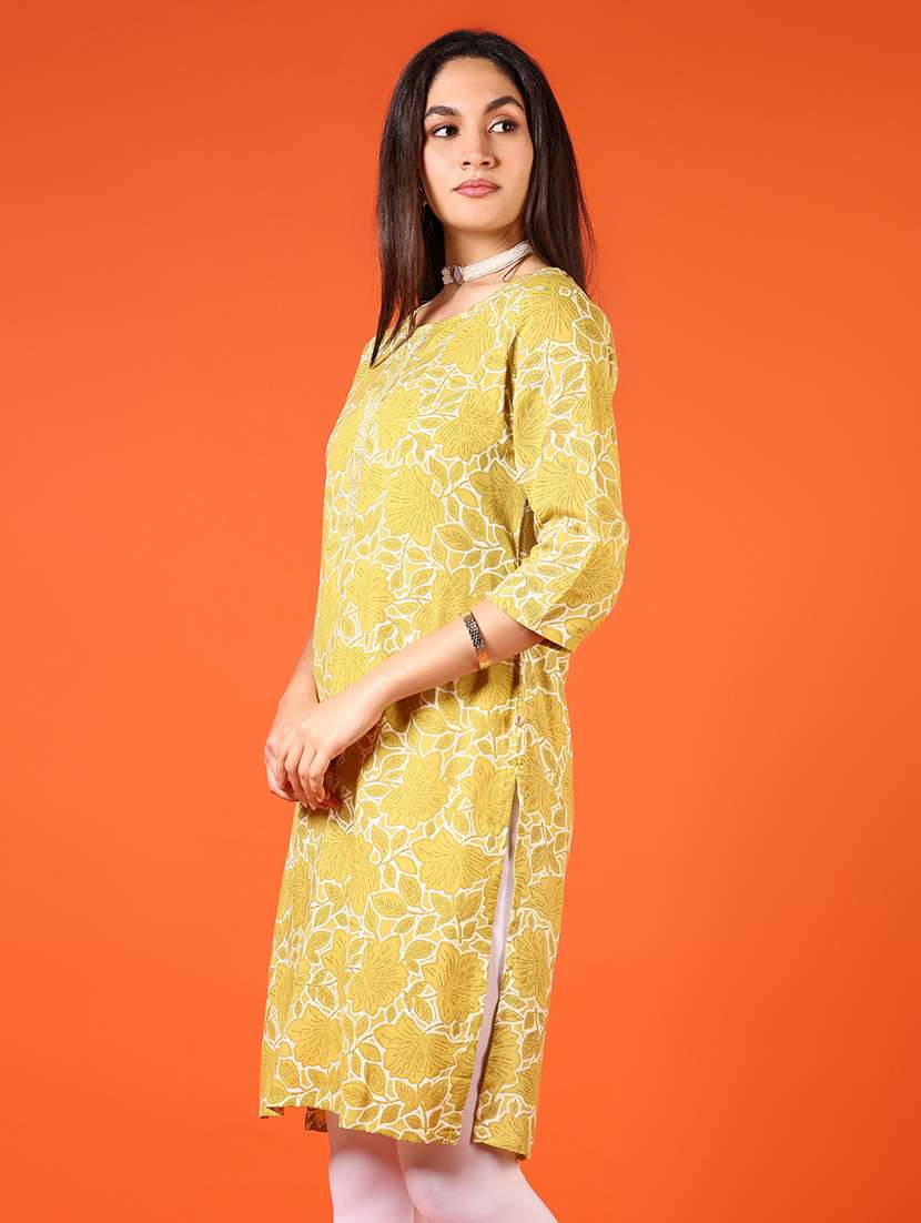 women printed three quarter sleeve straight kurta - 21609270 -  Standard Image - 2