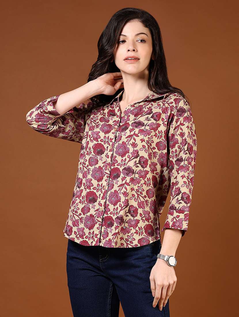 women printed three quarter sleeve regular shirt