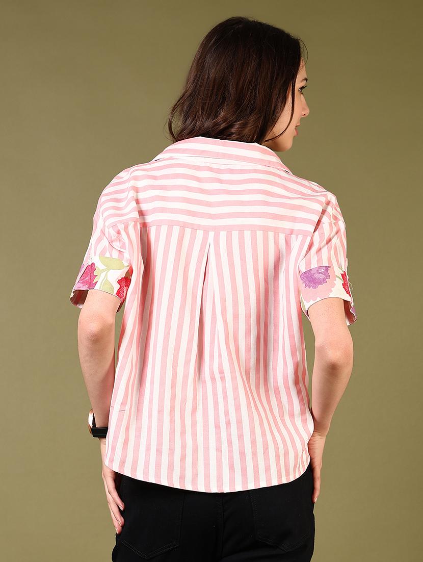 women short sleeves striped crop shirt - 21609617 - Standard Image - 2