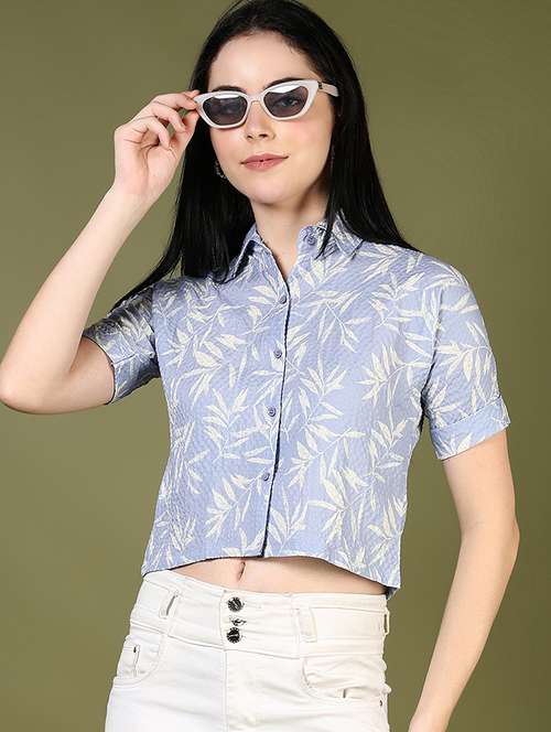 women printed collared short sleeve crop shirt - 21609859 -  Standard Image - 0