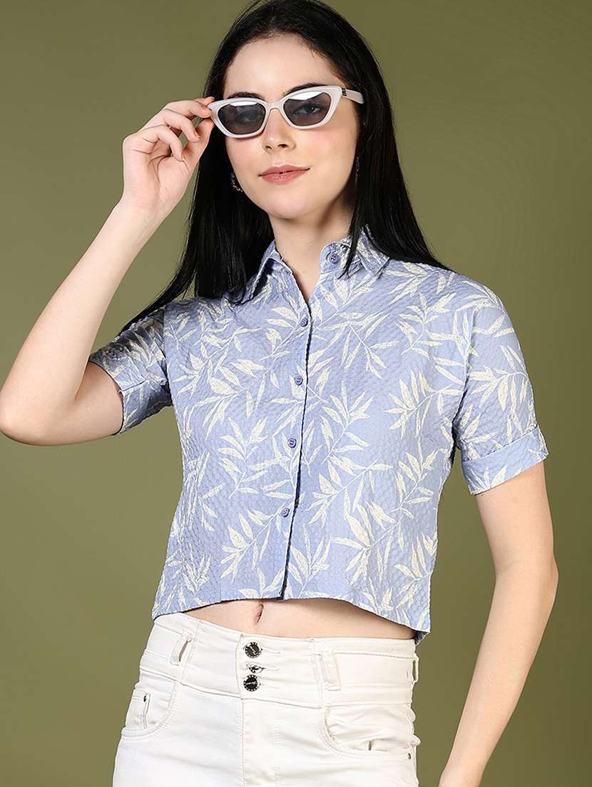 women printed collared short sleeve crop shirt