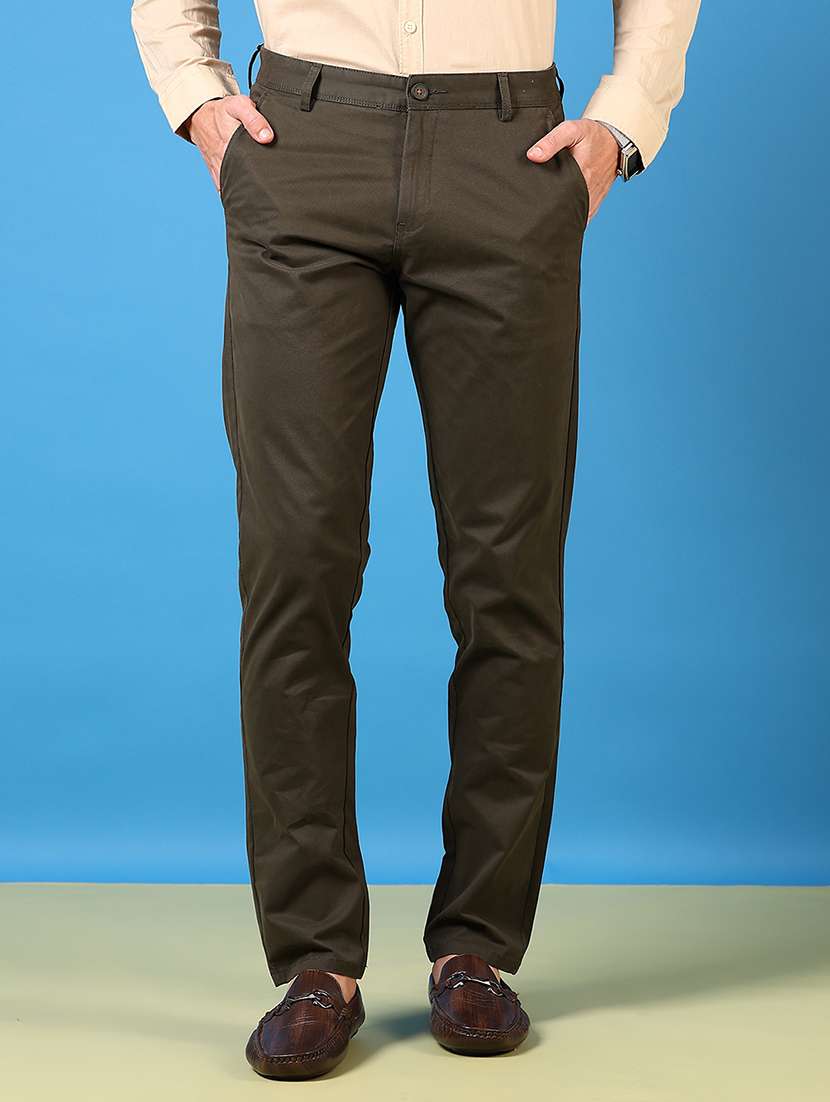 men mid rise solid flat front casual trouser