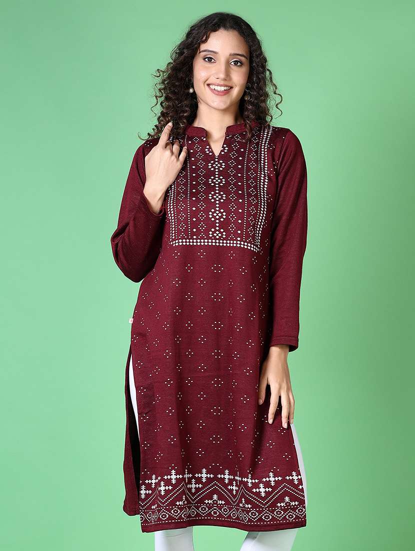 women self design long sleeve kurta