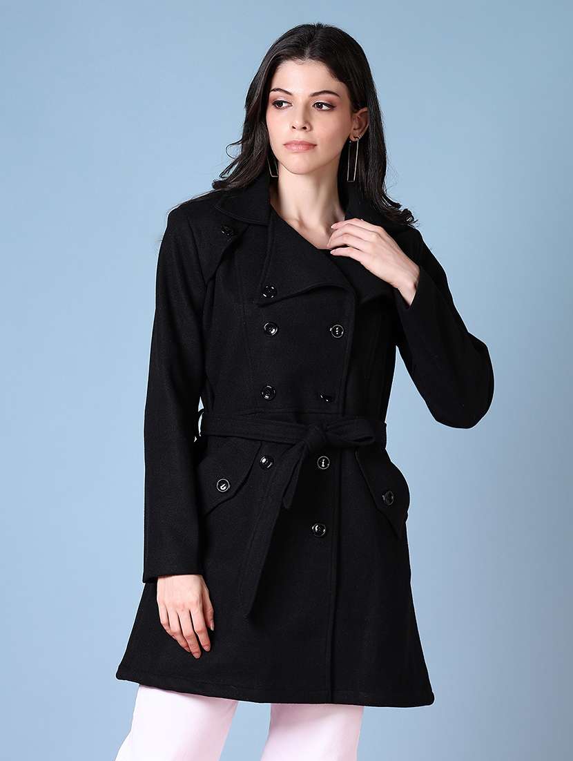 women solid long sleeves trench coat