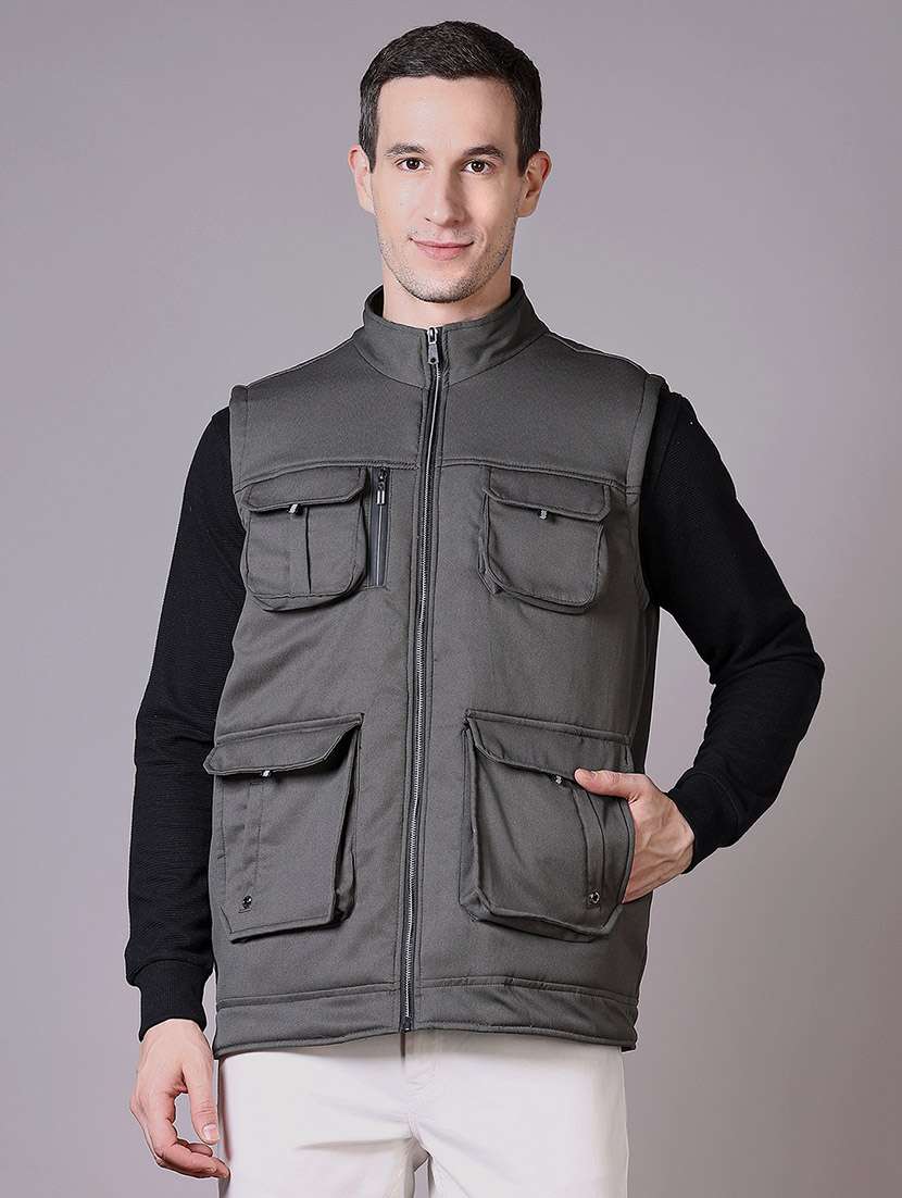 men solid sleeveless bomber jacket