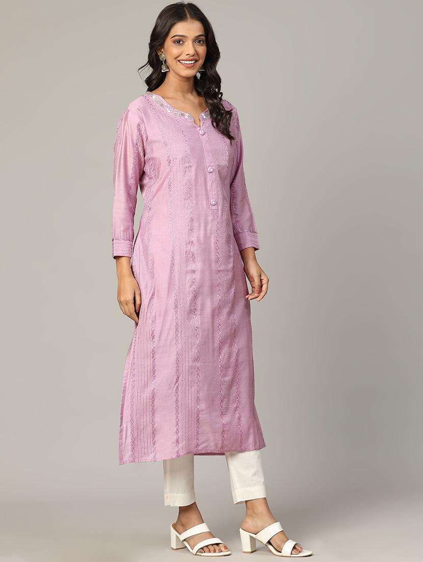 women lavender long sleeve straight kurta - 21613338 -  Standard Image - 2