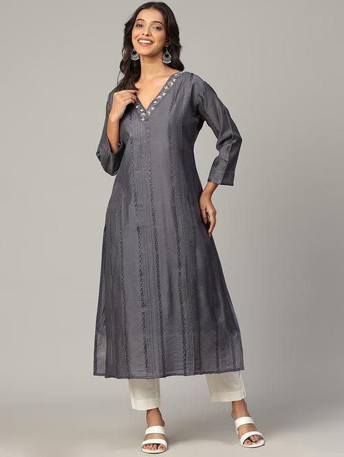 women grey long sleeve straight kurta - 21613340 - Standard Image - 0