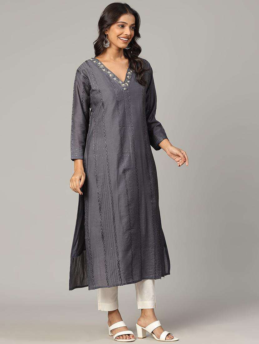 women grey long sleeve straight kurta - 21613340 -  Standard Image - 2