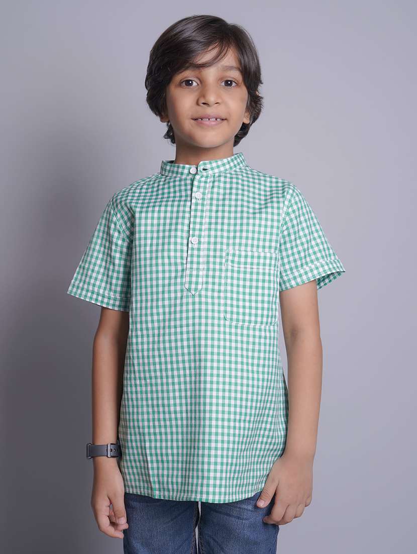 boys check print mandarin neck short kurta 
