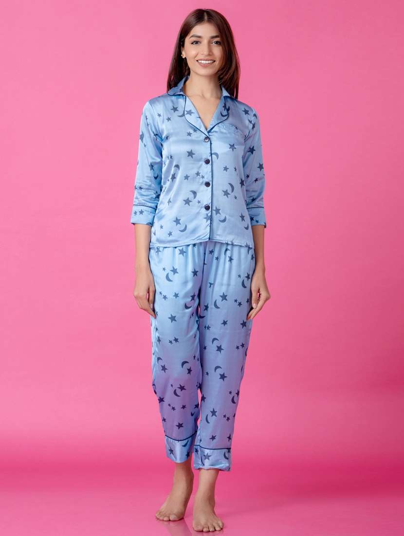 women blue printed nightwear set