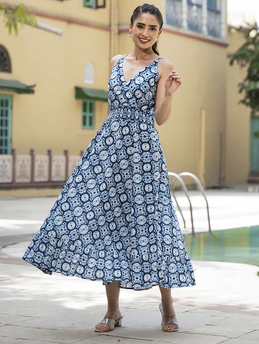 women blue printed sleeveless flared ethnic dress