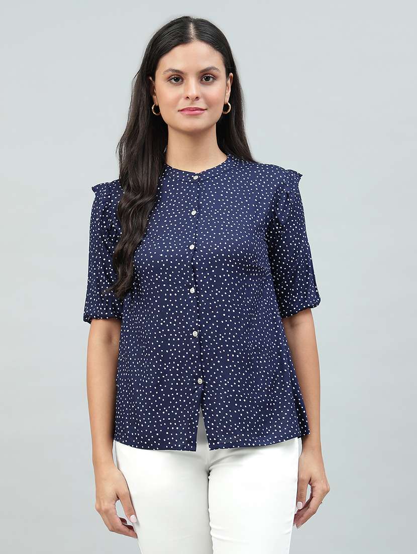 women polka dots printed short sleeves shirt style top