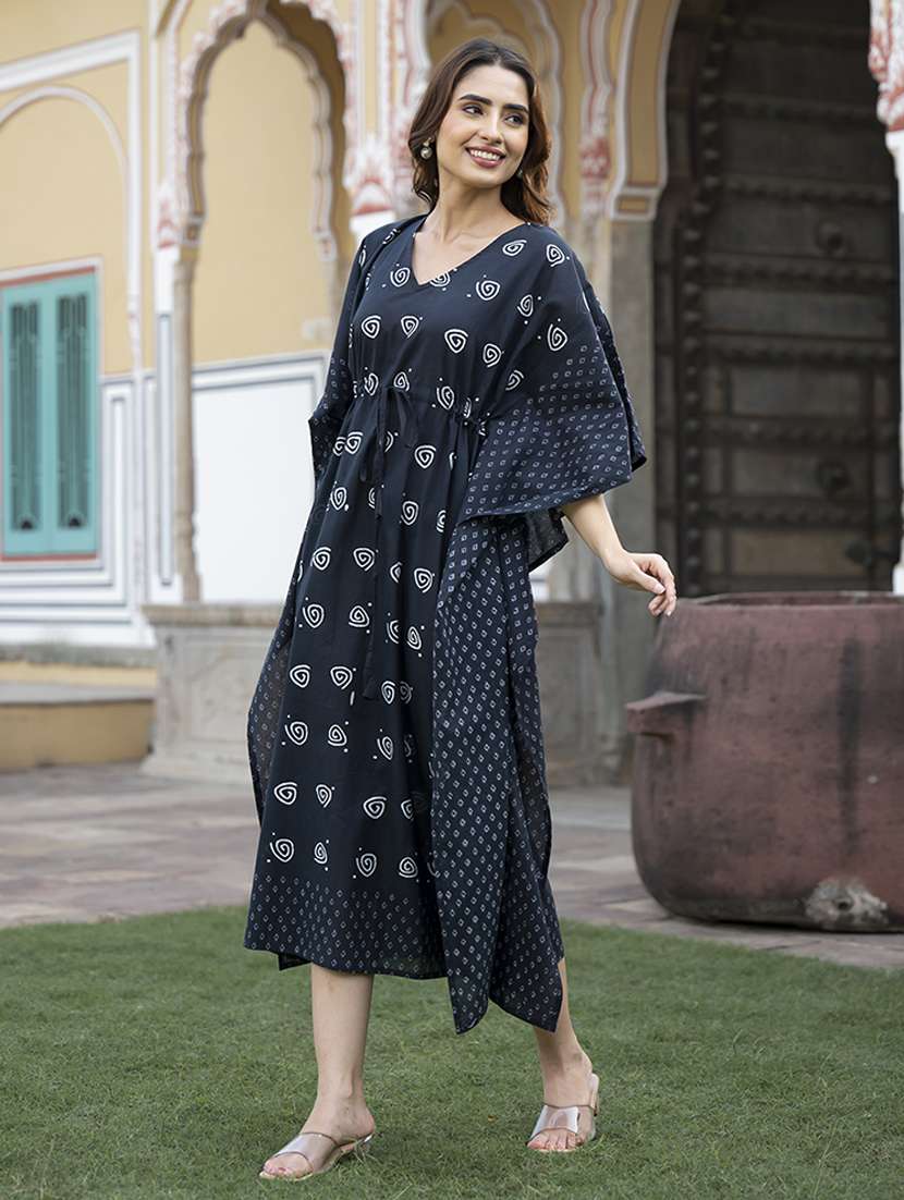 women blue printed v neck kaftan ethnic dress - 21613933 -  Standard Image - 2