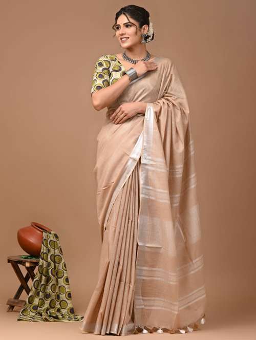 women solid handloom saree with blouse - 21613985 -  Standard Image - 0