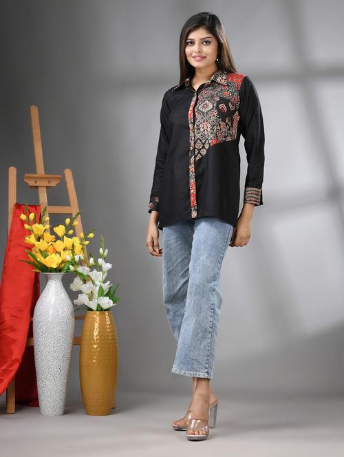 women printed detailed collared shirt - 21617153 - Standard Image - 0