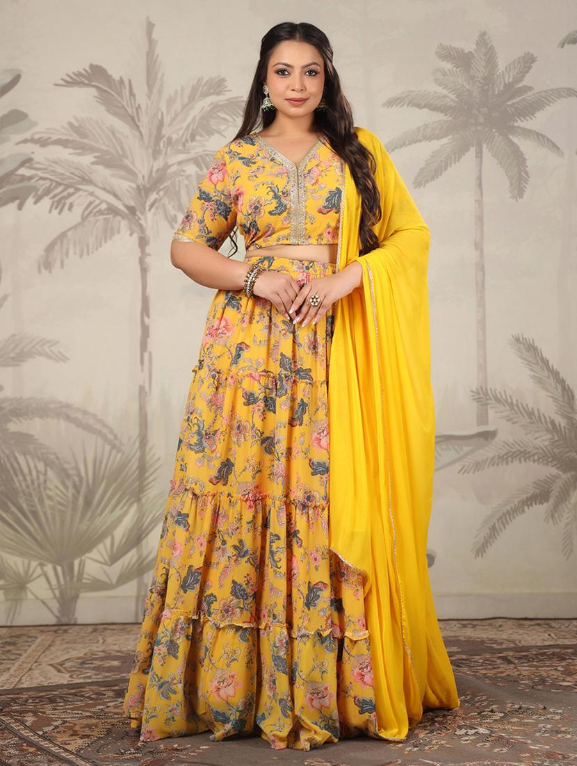 women yellow floral printed flared stitched lehenga - 21617160 - Standard Image - 2