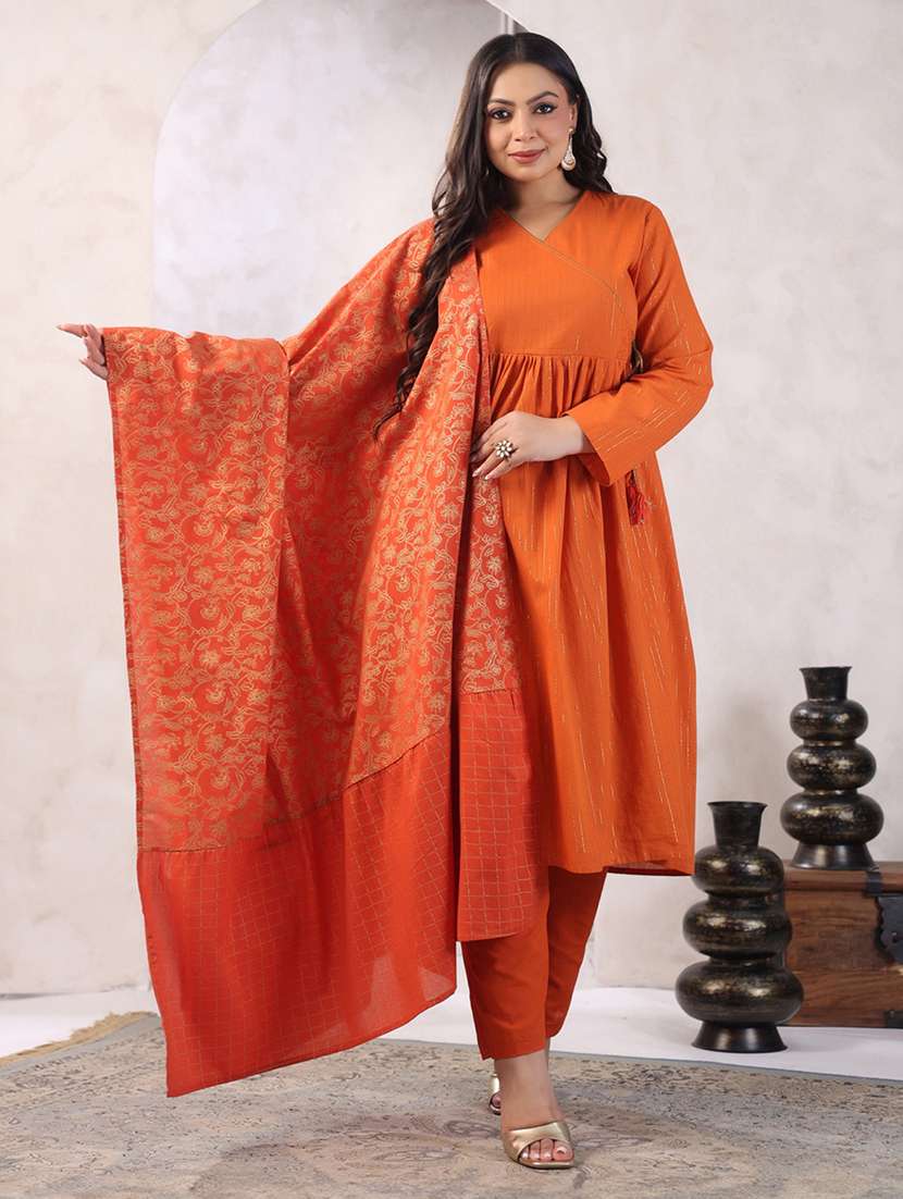 women orange striped long sleeve kurta pant set with dupatta 