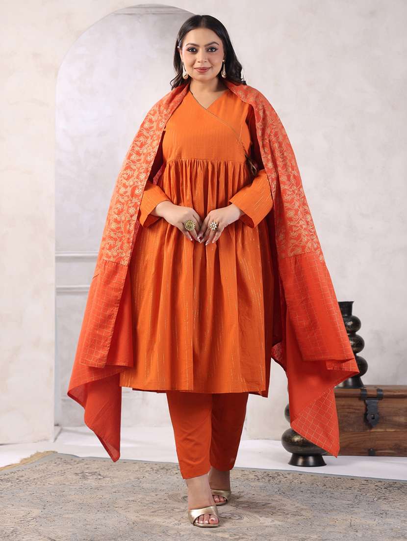 women orange striped long sleeve kurta pant set with dupatta  - 21617183 -  Standard Image - 2