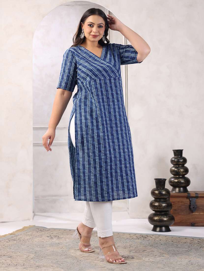 women blue elbow sleeve straight kurta  - 21617186 -  Standard Image - 2