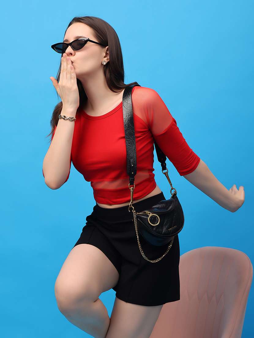 women solid detailed round neck crop top - 21617264 -  Standard Image - 2