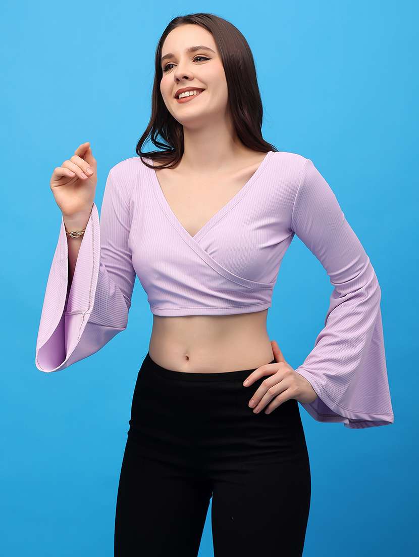 women solid long sleeves crop top