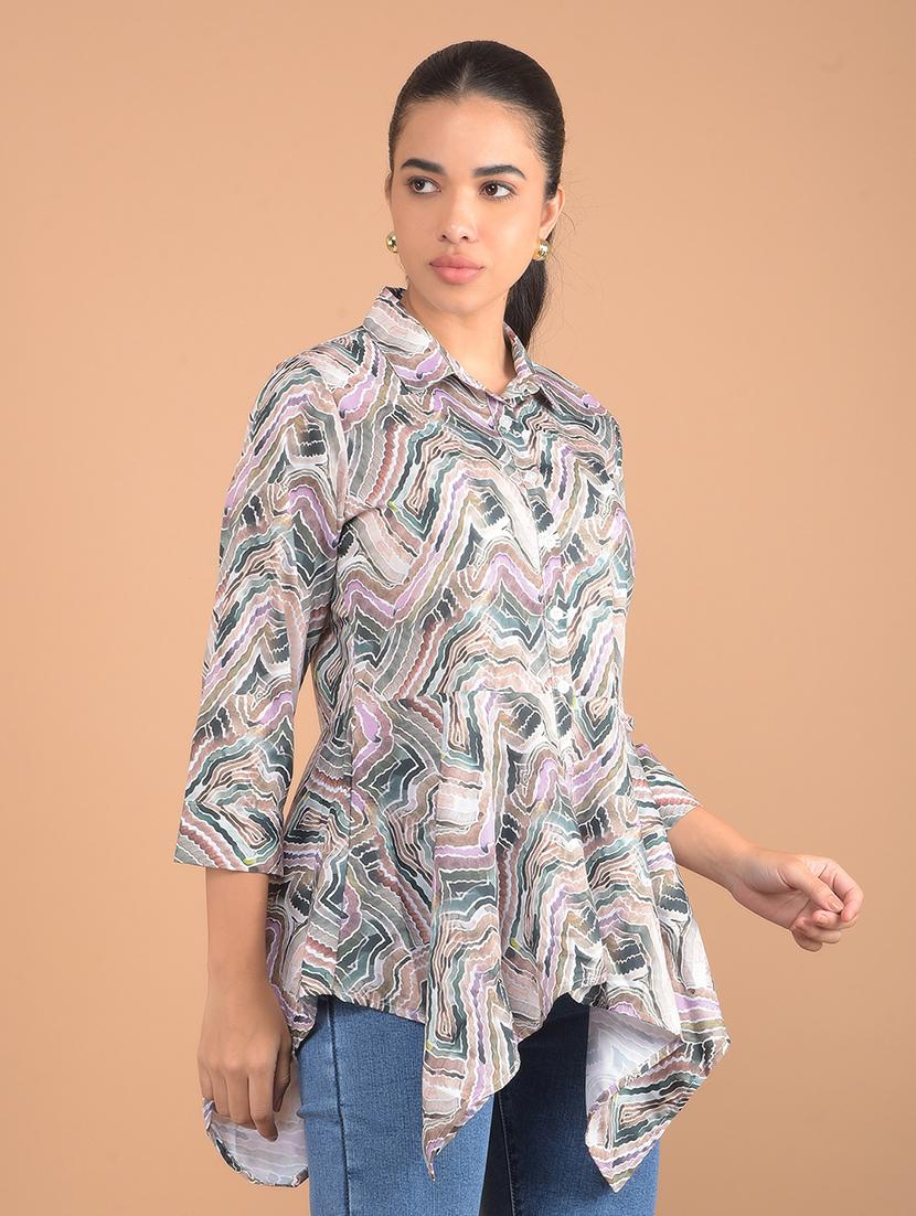 women printed collared asymmetric shirt - 21617408 - Zoom Image - 0