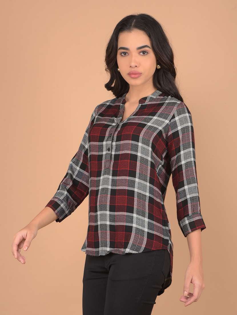 women checked printed three quarter sleeves top