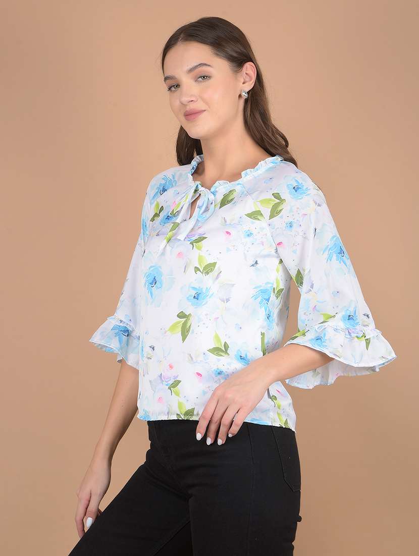women floral printed tie up neck top - 21617444 -  Standard Image - 2