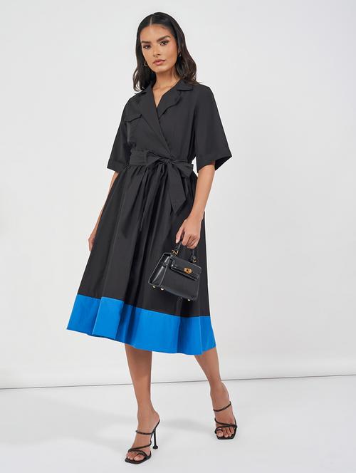 women black solid short sleeve wrap dress - 21618073 - Standard Image - 0