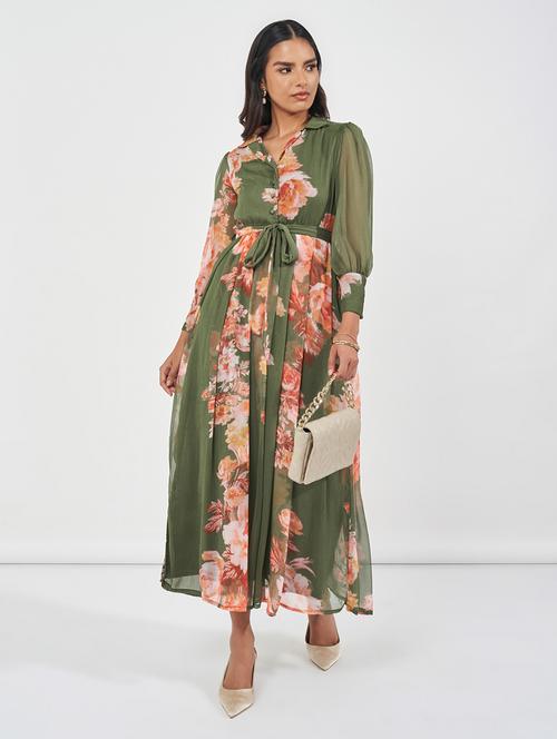 women green floral printed a-line dress - 21618079 -  Standard Image - 0