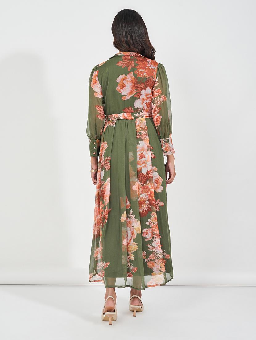 women green floral printed a-line dress - 21618079 - Standard Image - 2